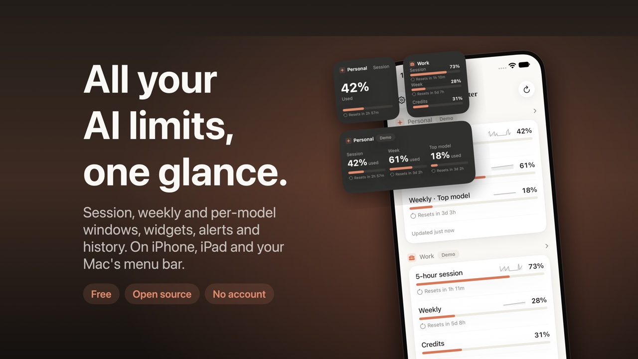 AIMeter header graphic reading 'All your AI limits, one glance' next to an iPhone showing two accounts' usage bars and three dark Home Screen widgets