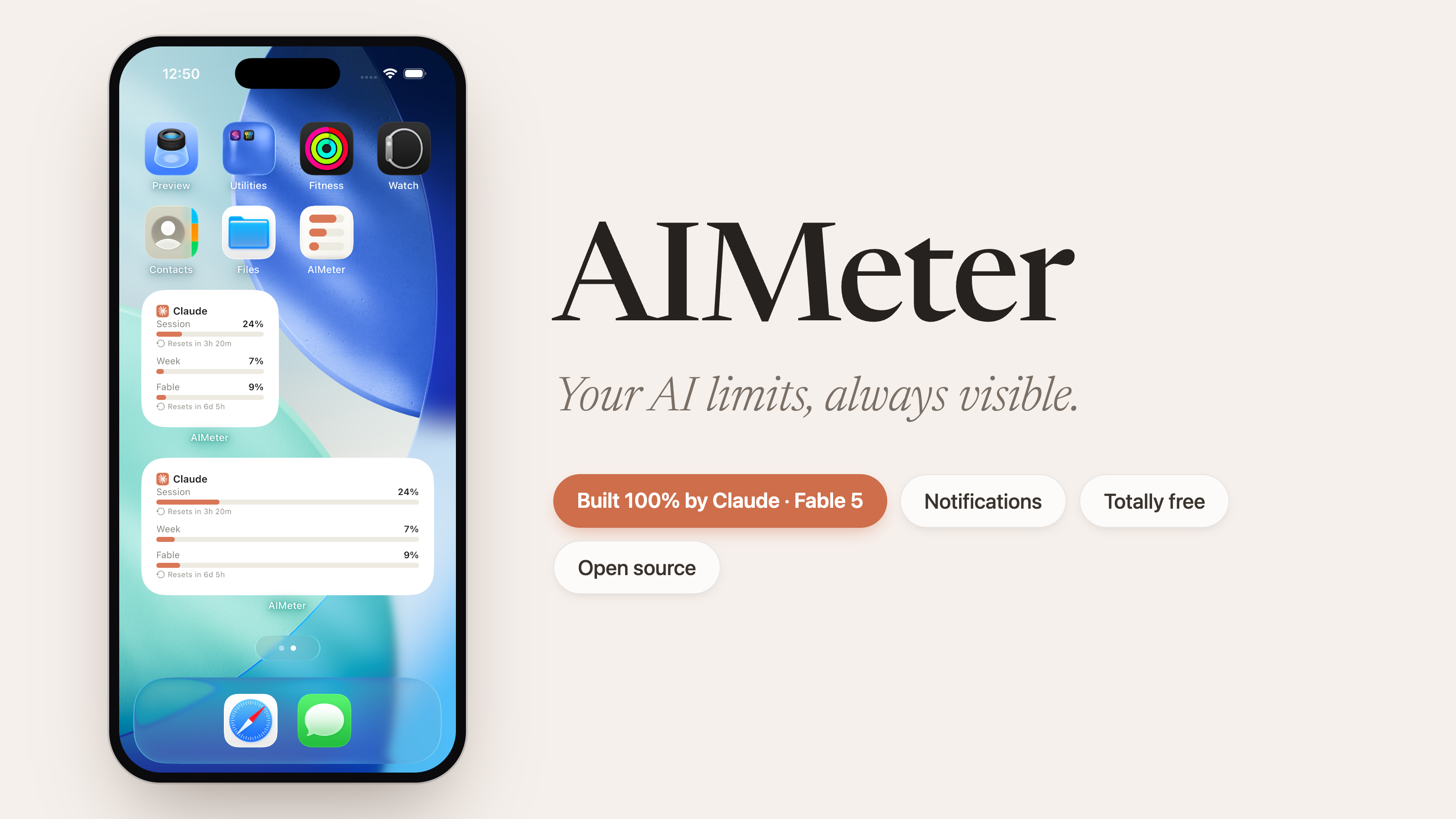 AIMeter launch graphic showing iPhone home screen widgets with Claude usage percentages next to the AIMeter wordmark