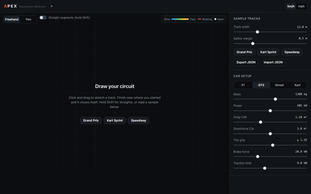 Apex web app showing the 'Draw your circuit' track editor next to car setup sliders and sample tracks