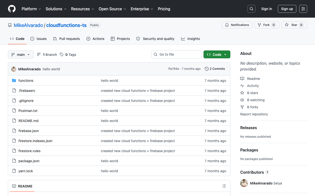 GitHub repository page for cloudfunctions-ts showing the Firebase Functions project structure