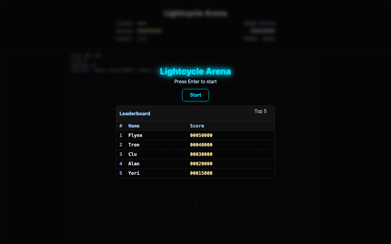 Lightcycle Arena start screen with a glowing neon title, Start button, and Top 5 leaderboard