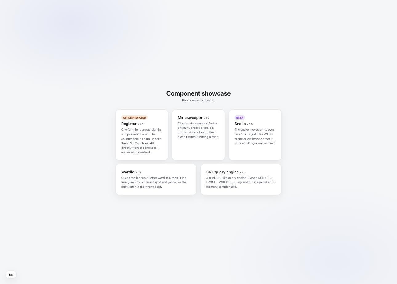 React Practice component showcase listing the Register, Minesweeper, Snake, Wordle, and SQL query engine exercises