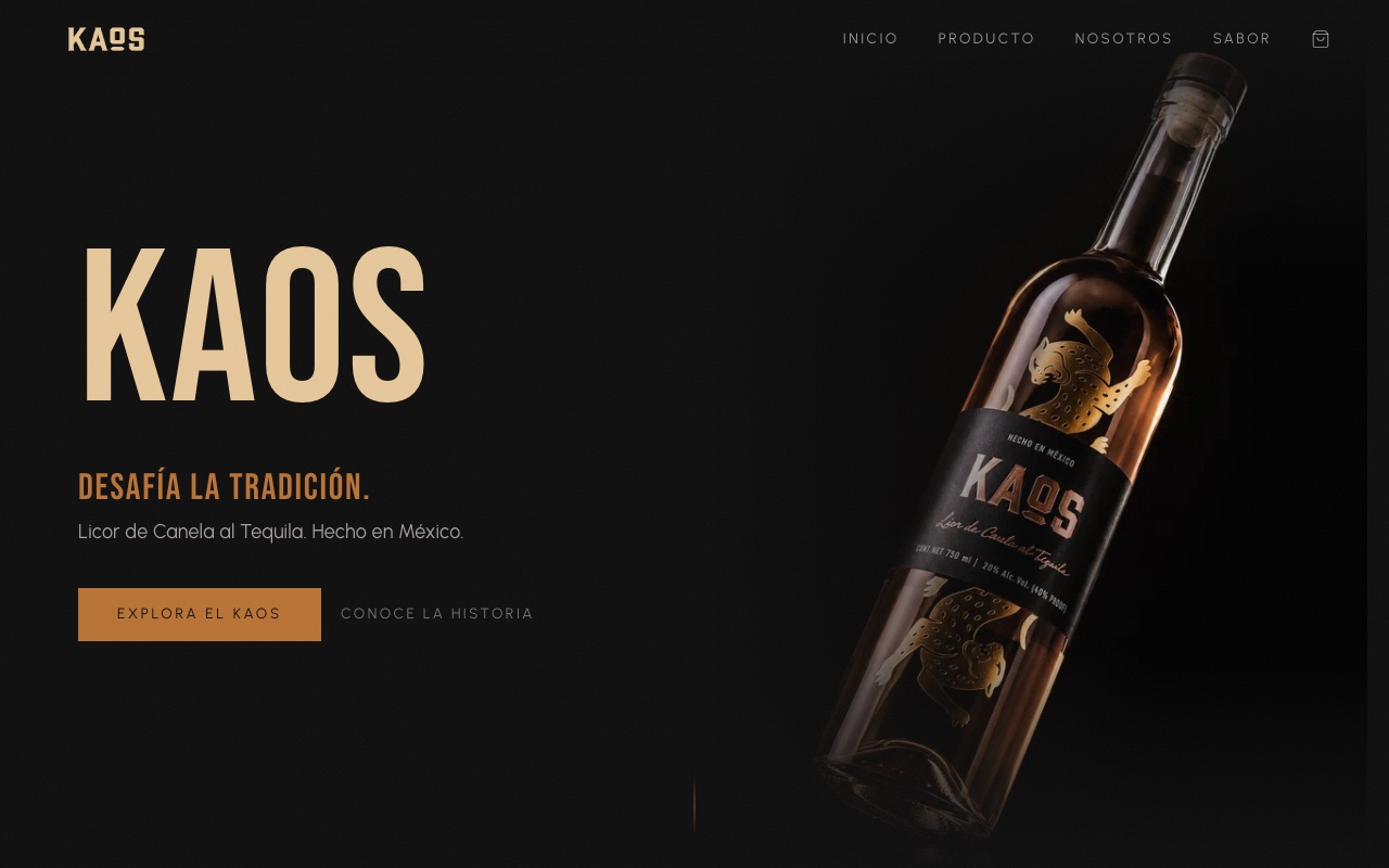 Tequila KAOS website hero showing the KAOS bottle and the tagline 'Desafía la tradición'