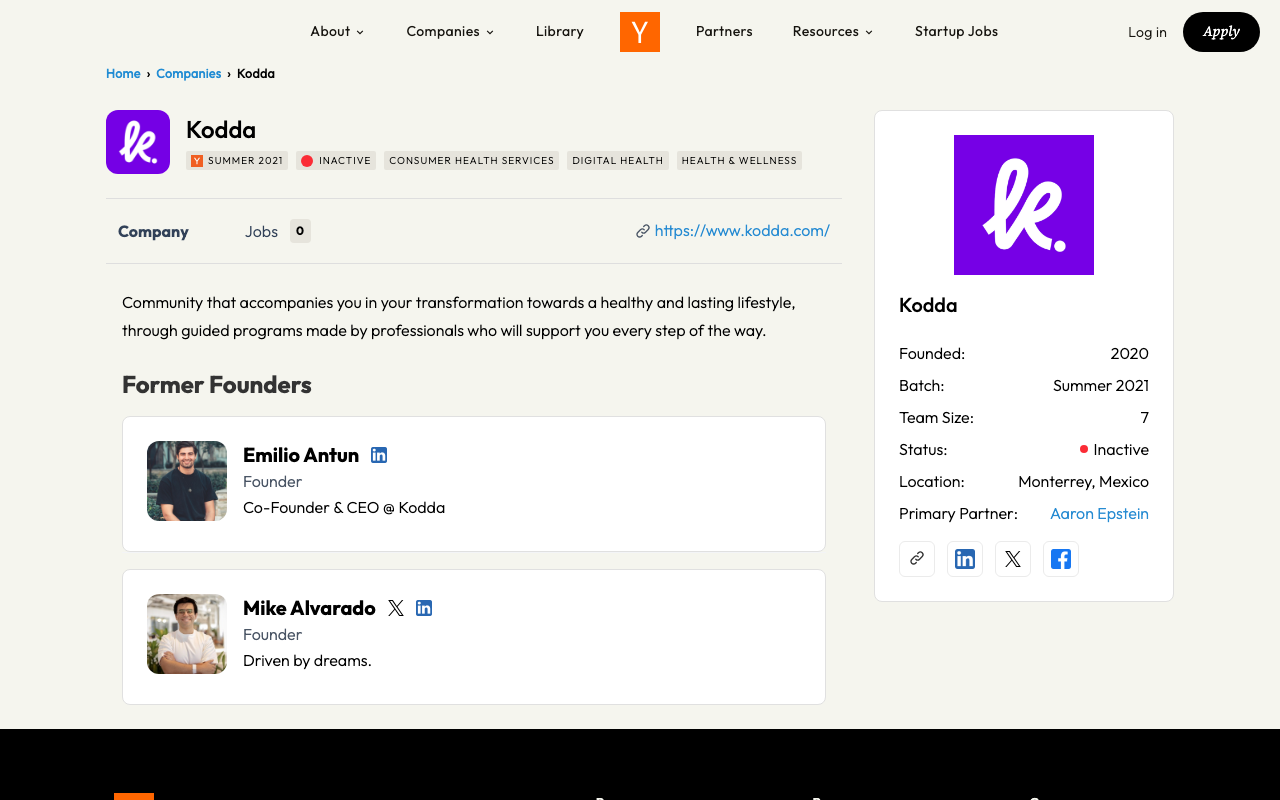 Kodda company profile on Y Combinator listing the Summer 2021 batch and founders